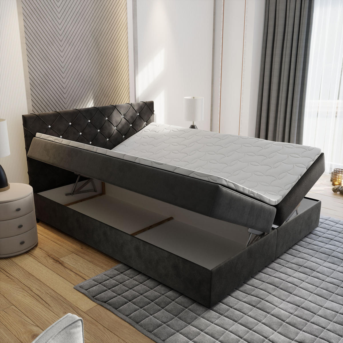 BOXBETT RIVA 160x200 cm mit Matratze und Topper, H2+H3 - Beige - Beige, Holz (160/200cm) - MASSENO