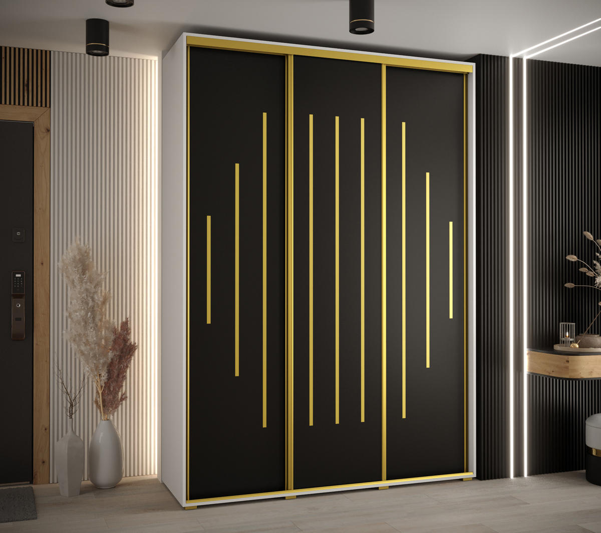 SCHWEBETÜRENSCHRANK 235,2/170/45 3-türig - Goldfarben/Schwarz, Holz/Metall (170/235/45cm) - Abiks Möbel