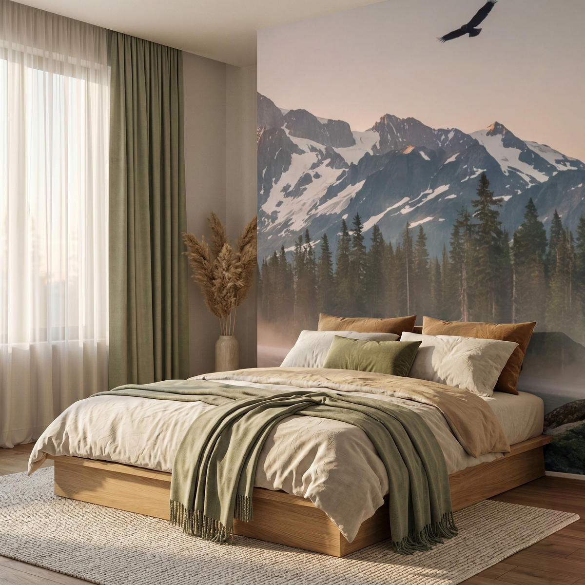 TAPETE - Berge - Wasser - Bäume - 220x260 cm - Multicolor, Papier (220/260cm) - OnlyWow