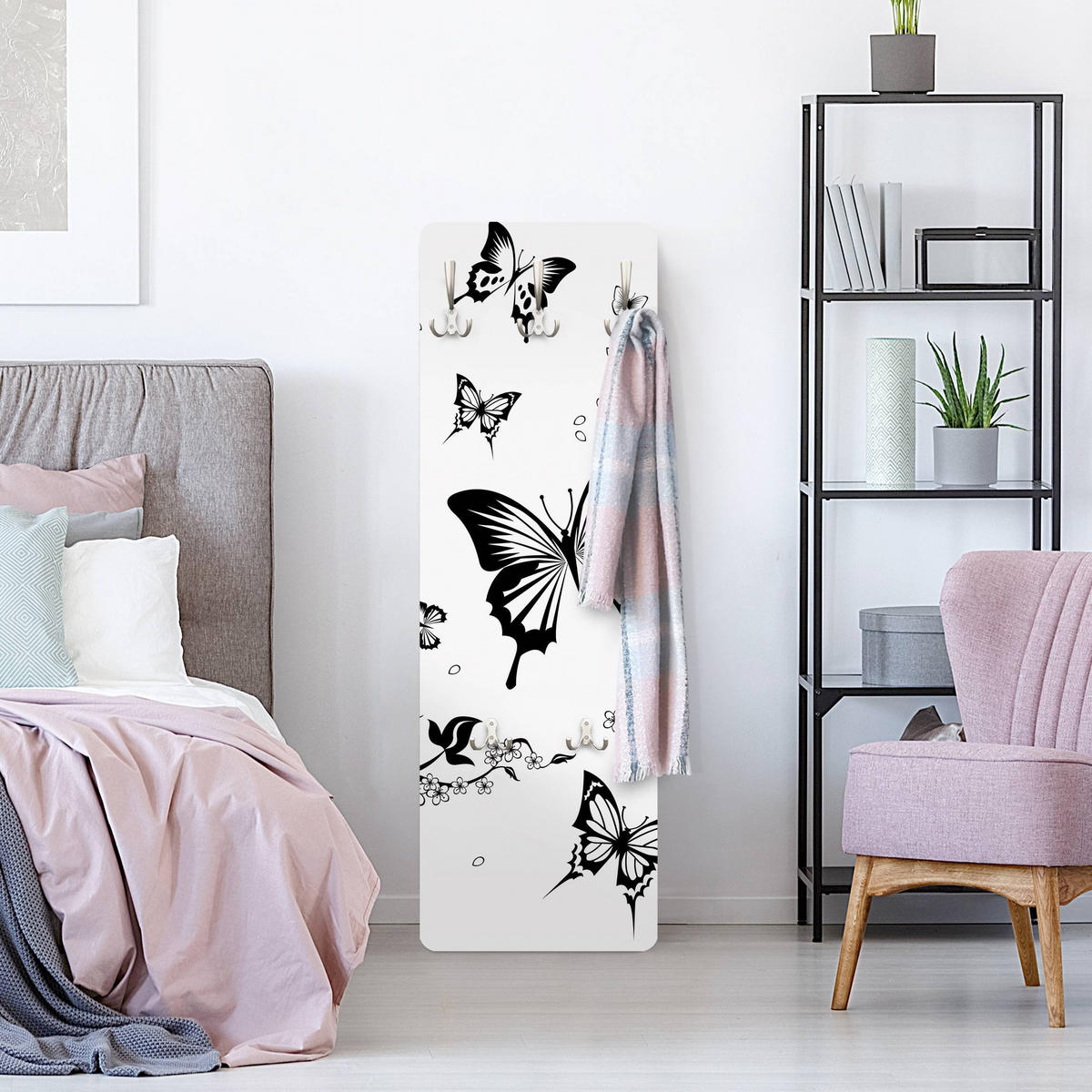 WANDGARDEROBE - Blumen und Schmetterlinge 34/105 cm - Schwarz, Holzwerkstoff (34/105/1.6cm) - Bilderwelten