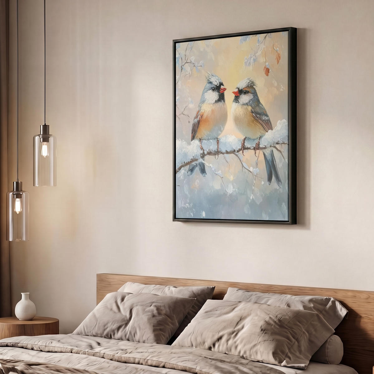 LEINWAND Bilder mit Rahmen - Vögel - Zweig - Winter - Schnee - 50x70 - Pastellblau, Textil (50/70cm) - MuchoWow