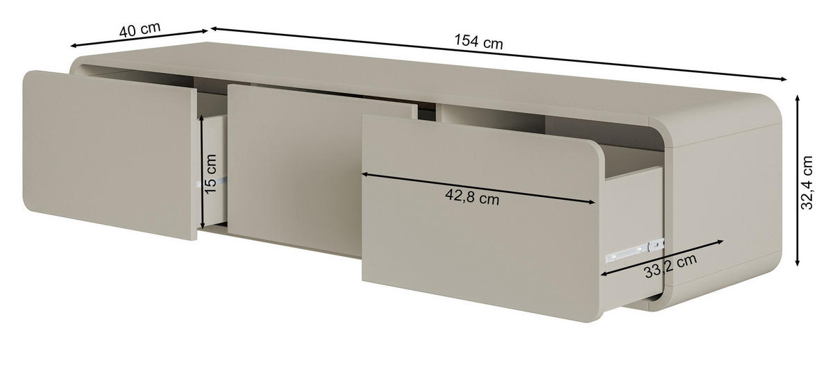 TV-HÄNGEBOARD Oro Greige mit 3 Schubladen 154 cm - Taupe, Holzwerkstoff (154/32.4/40cm) - Selsey