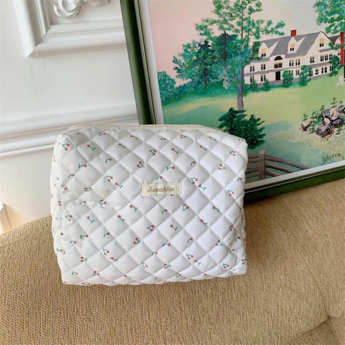 KULTURTASCHE mit Blumenmuster Weiß - Weiß, Textil (17/9/24cm)