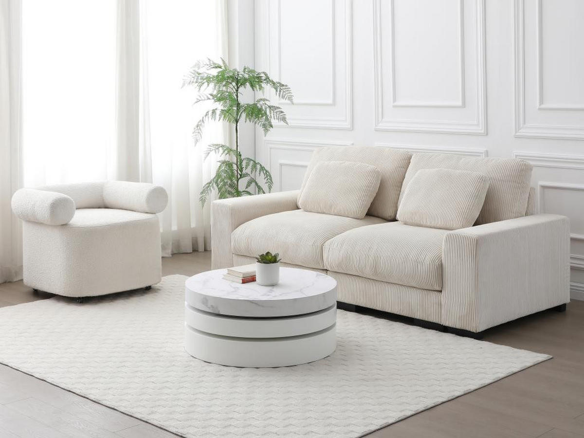 COUCHTISCH rund - drehbar - 1 Ablagefach - MDF - Marmor-Optik Weiß & Weiß lackiert - JANITA - Weiß, Holz (80/80/32.5cm) - Vente-Unique