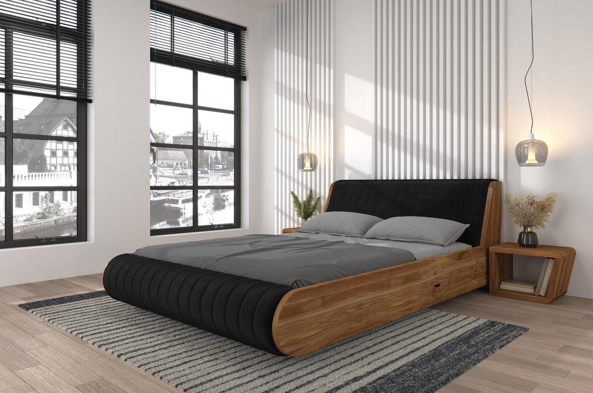 MASSIVHOLZBETT Harald 160/200, schwebende Optik, Naturfarben-Schwarz - Eichefarben, Eichenholz/Holz (160/200cm) - Visby