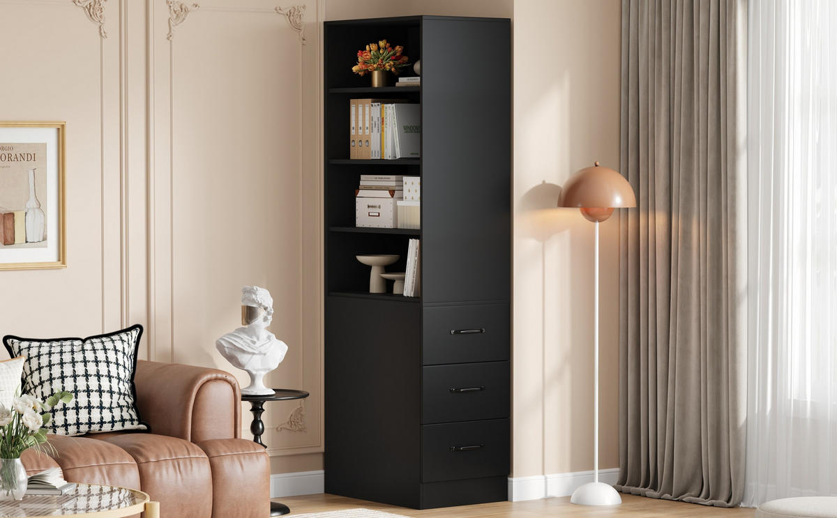 BÜCHERREGAL Schwarz 180 cm hoch aus Spanplatte mit austauschbaren seitlichen Schubladen und verstellbaren Einlegeböden - Schwarz, Holzwerkstoff (60/180/38cm) - Luhomfu