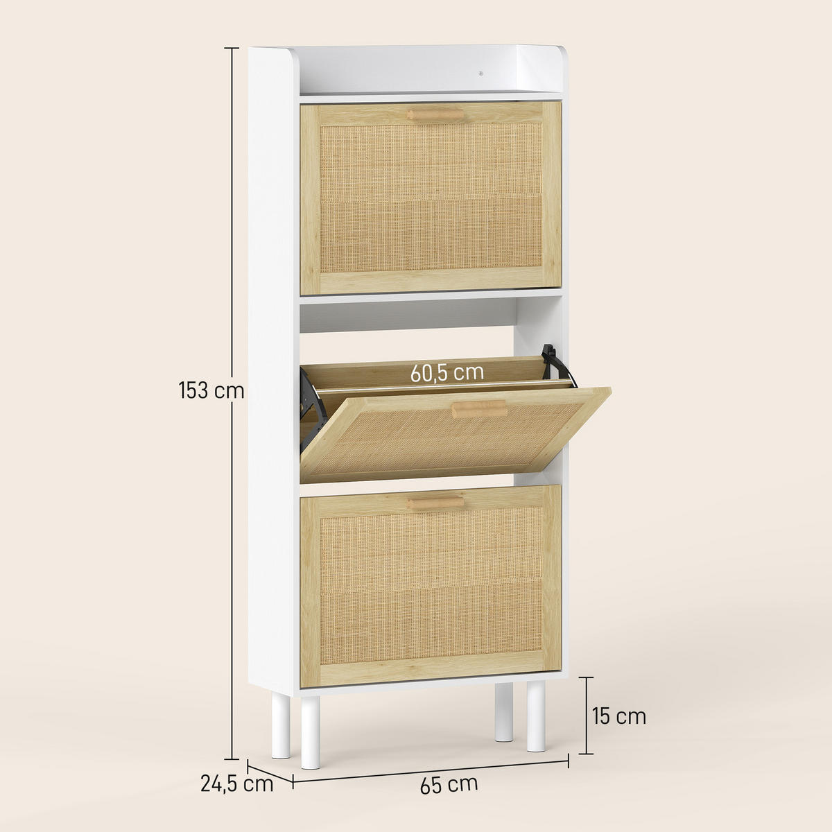 SCHUHSCHRANK DE-15057 3 Klapptüren mit geflochtener Resin-Optik Natur - Weiß, Holzwerkstoff (65/153/24.5cm) - ComfortXL