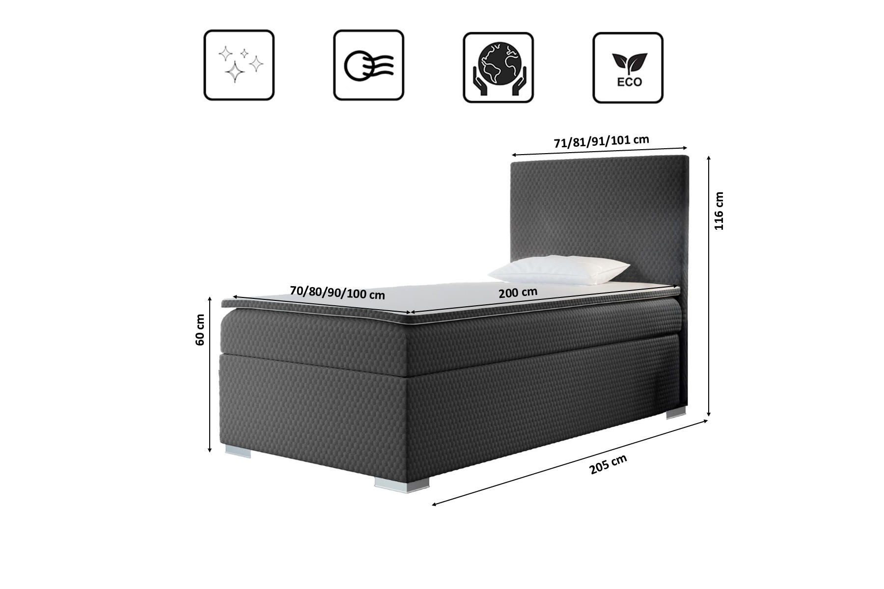 BOXBETT Mit Bettkasten Matratze Topper ICON Grau 70x200 cm Rechts - Grau, Holz (70/200cm) - Kaiser Möbel