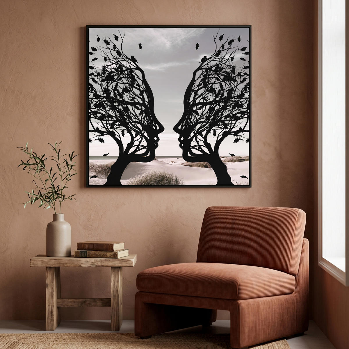 LEINWAND Bilder mit Rahmen - Strand - Meer - Menschen - Baum - Moderne Kunst - 90x90 - Hellgrau, Textil (90/90cm) - MuchoWow