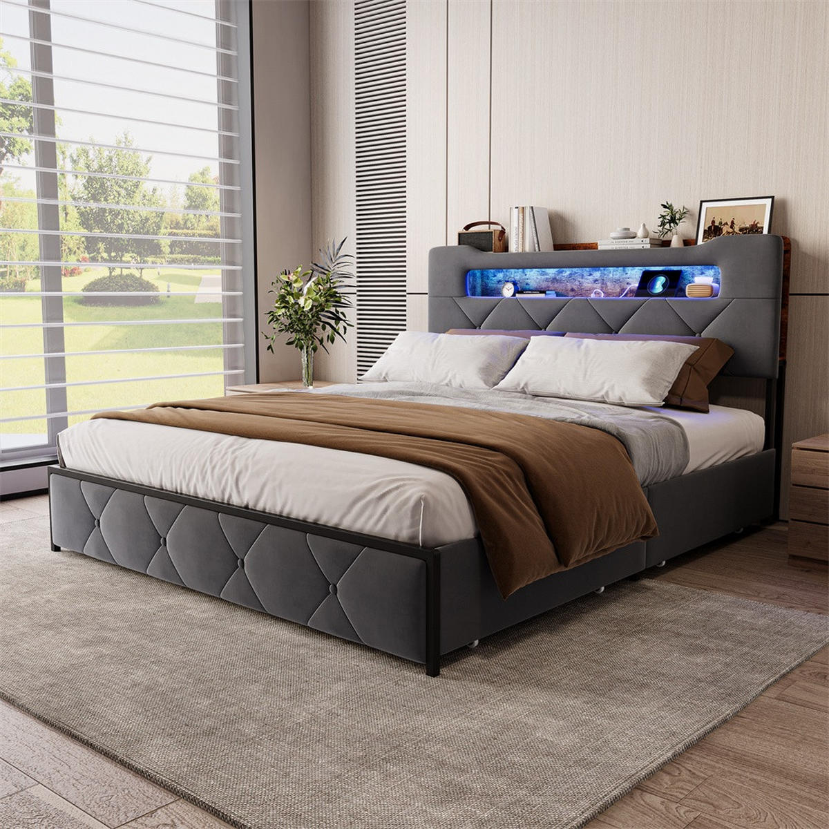 POLSTERBETT 140x200 cm - Doppelbett mit Stauraumkopfteil - 4 Schubladen und LED-Beleuchtung - ohne Matratze - Grau - Grau, Textil (140/200cm) - DELFA
