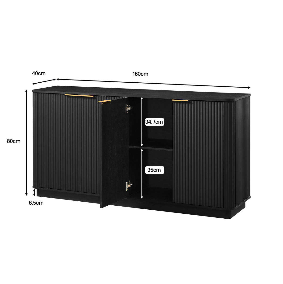 SIDEBOARD z MDF, 160/40/80 cm, černý, 4dveřový s úložným prostorem - černá, kompozitní dřevo (160/80/40cm) - BEAOK