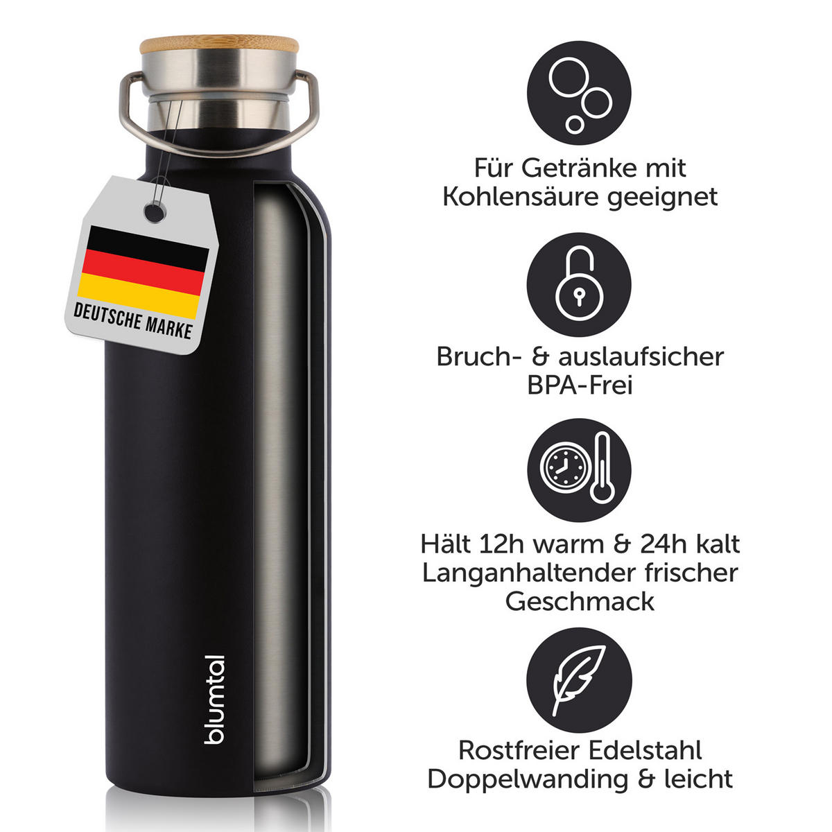 TRINKFLASCHE Leni 1000 ml, inkl. Teesieb und Sportdeckel - Schwarz, Metall (1L) - Blumtal