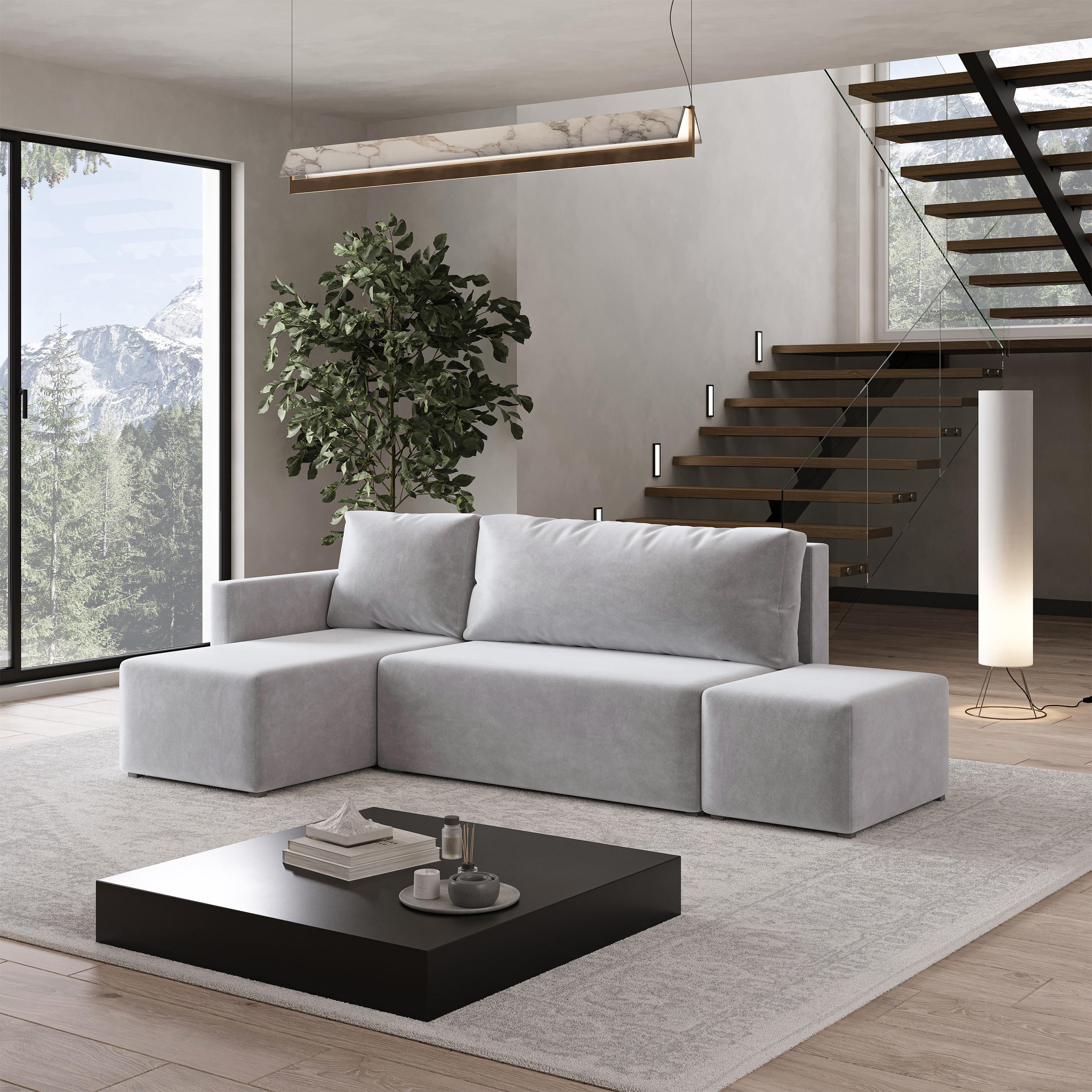 ECKSOFA VELOTTI L-S Hellgrau Plüsch-Stoff mit Schlaffunktion - Hellgrau, Holz (261/143cm) - MASSENO