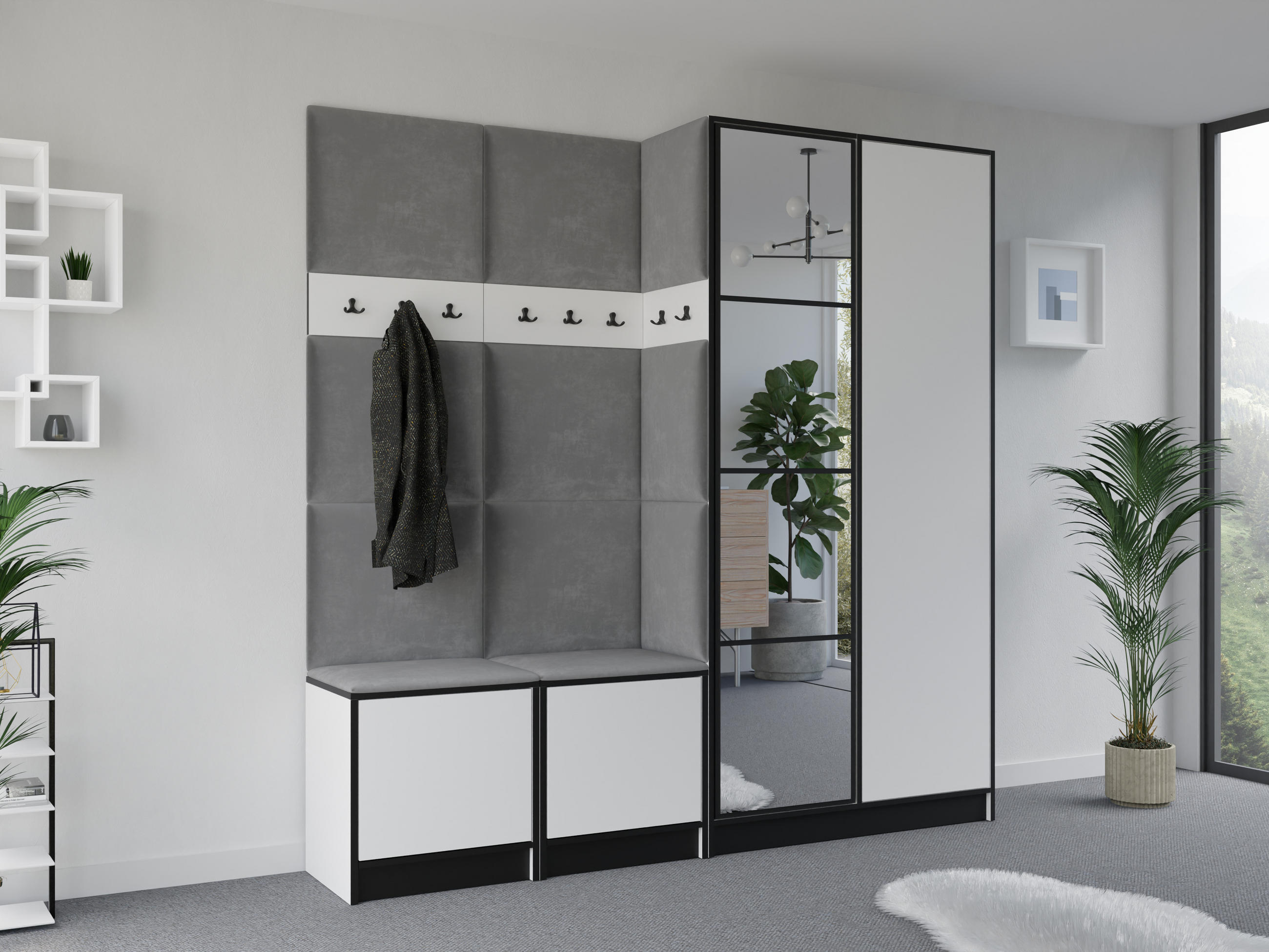 GARDEROBENSCHRANK EDEN 21 mit Spiegel - Weiß & Stoff Grau - Weiß/Grau, Holzwerkstoff (211/205/39cm) - Kier Furniture