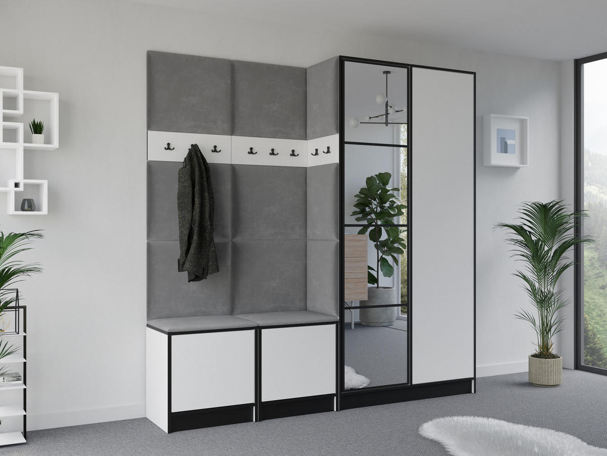GARDEROBENSCHRANK EDEN 21 mit Spiegel - Weiß & Stoff Grau - Weiß/Grau, Holzwerkstoff (211/205/39cm) - Kier Furniture