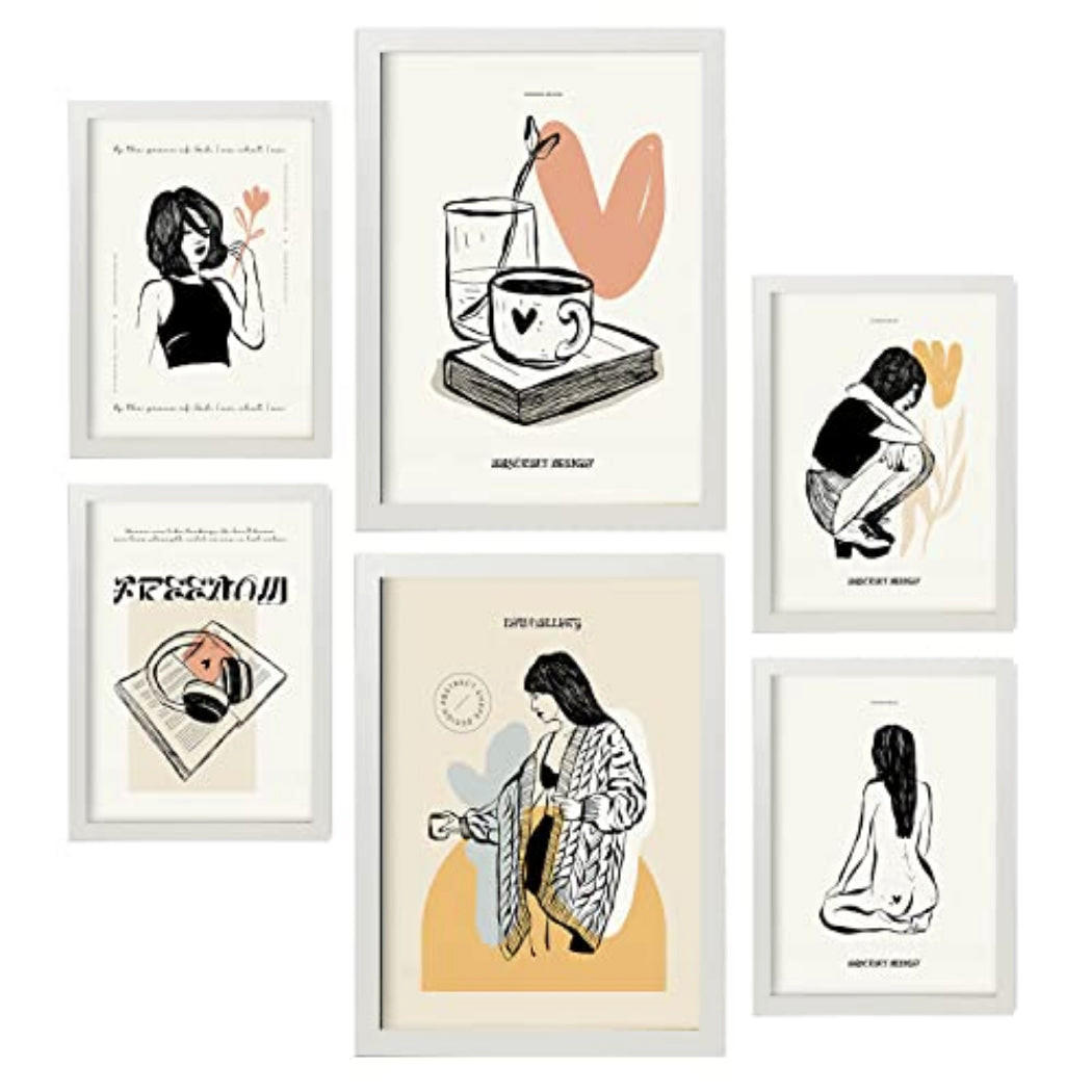 POSTER Set Mit 6 In Schwarzer Tinte Liebe Kunstdrucke Im Skizzenstil Für Innenarchitektur A3 & A4 Weißer Rahmen - Weiß, Papier (29/3cm) - Nacnic