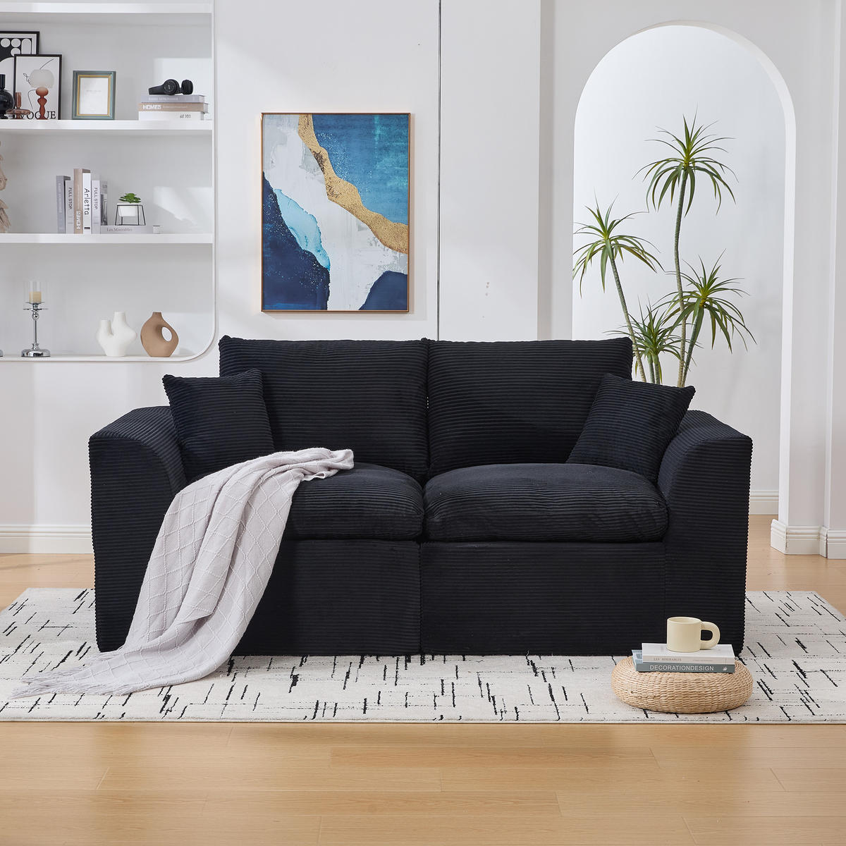 2-SITZER SOFA Cord Schwarz mit Kissen - Schwarz, Textil (204/84/102.5cm) - WISHDOR