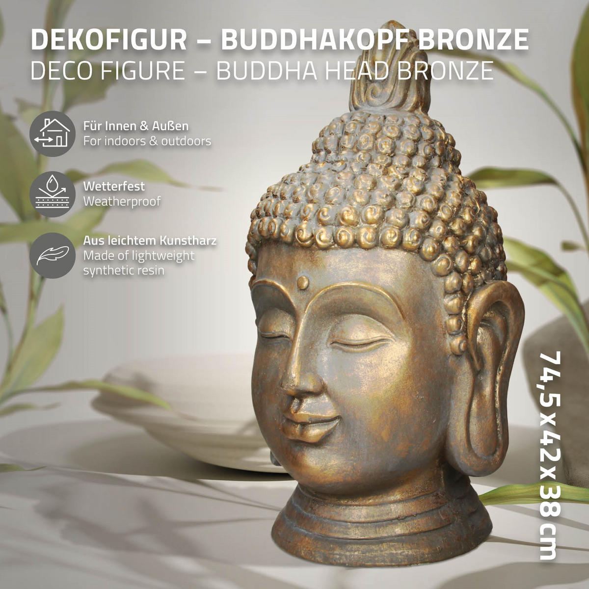 BUDDHA KOPF STATUE 74,5 cm Bronzeoptik aus Polyresin - Bronzefarben, Kunststoff (38/74.5/42cm) - ECD-Germany