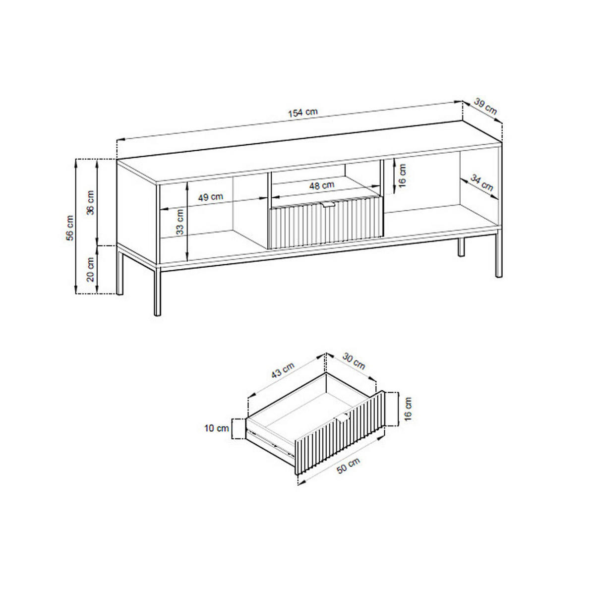 LOWBOARD Nova weiß 154 / 39 / 56cm - Schwarz/Weiß, Holz/Holzwerkstoff (154/56/39cm) - Feldmann-Wohnen