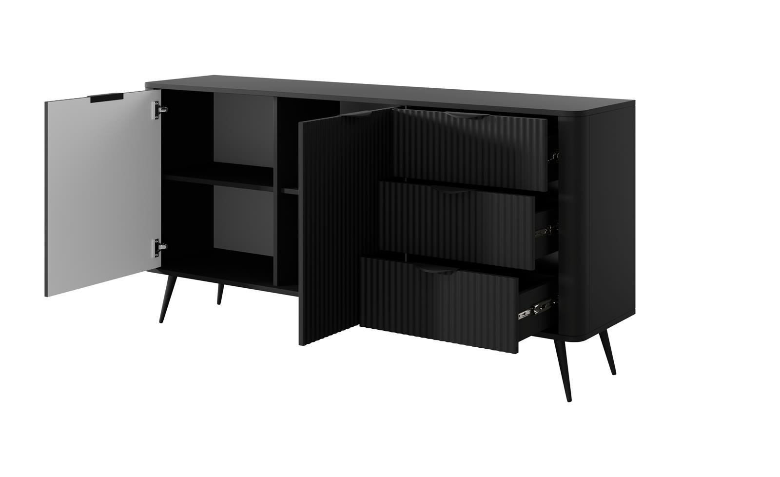 KOMMODE Lante, Schwarz, Zweifach, Drei Schubladen, Geriffelte Fronten - Schwarz, Holzwerkstoff (163/81/38cm) - Bettso