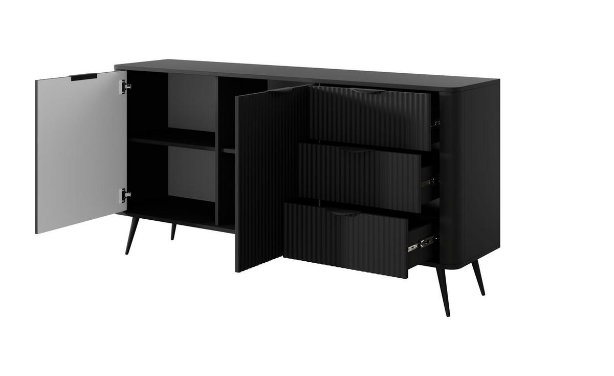 KOMMODE Lante, Schwarz, Zweifach, Drei Schubladen, Geriffelte Fronten - Schwarz, Holzwerkstoff (163/81/38cm) - Bettso