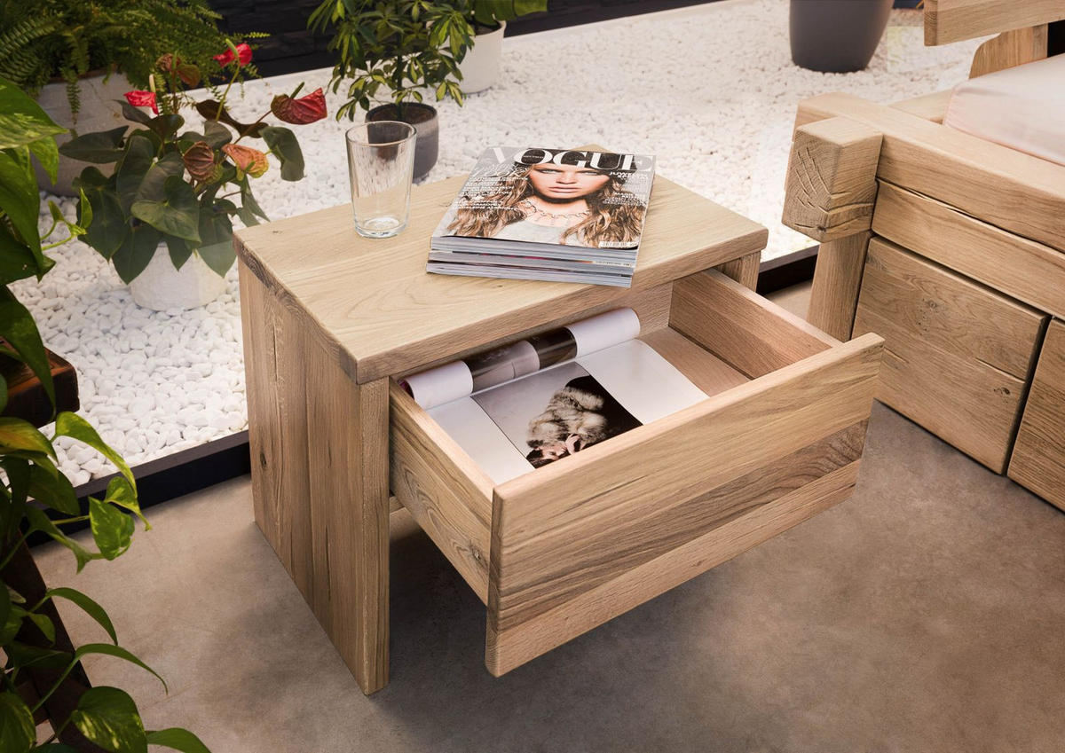 NACHTTISCH Wildeiche 50x35x40 bianco geölt JANGALI #119 - Beige, Holz (50/40/35cm) - Massivmoebel24