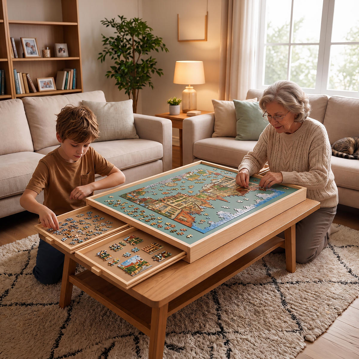 PUZZLETISCH Bunt 4 Schubladen Abdeckung für 1500 Teile - Multicolor, Holz/Holzwerkstoff (66.5/110.5/34.5cm) - Relaxdays