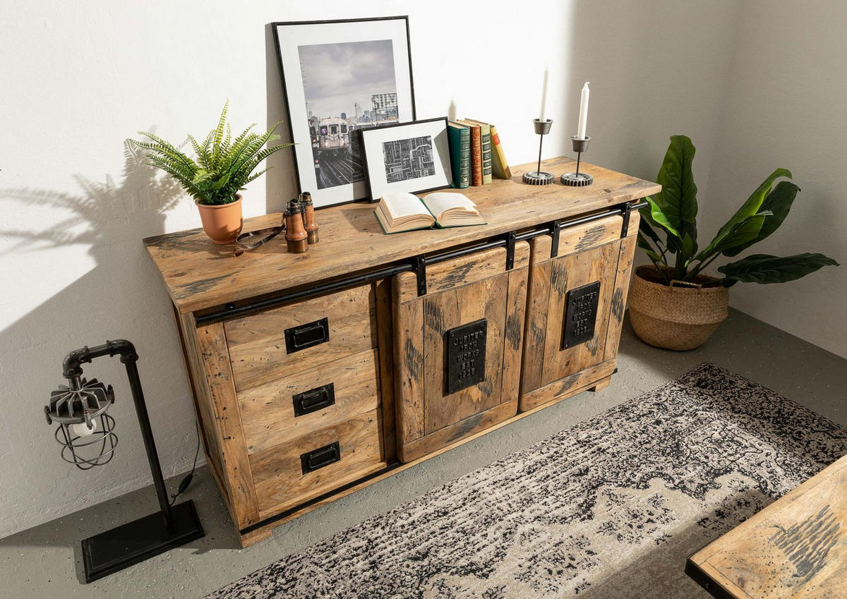 SIDEBOARD Mango 150x45x80 natur lackiert RAILWAY #100 - Naturfarben, Holz (150/80/45cm) - Massivmoebel24