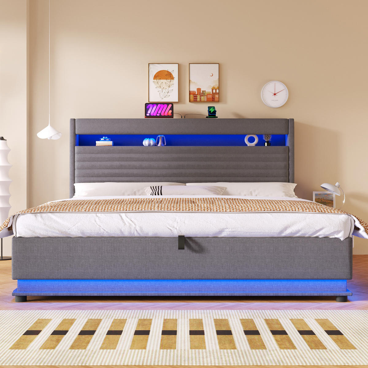 POLSTERBETT 180/200 cm in Grau mit Bettkasten, LED und USB aus Leinen - Grau, Holzwerkstoff/Textil (180/200cm) - STILVORA