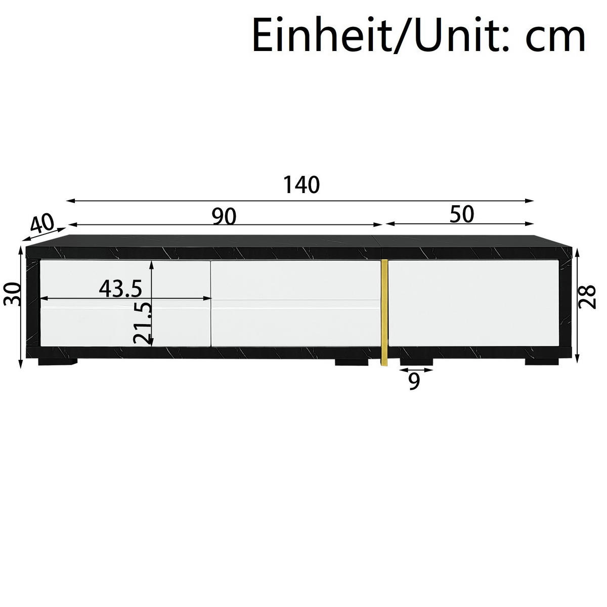 TV komoda, 140-260/40/30 cm, MDF a dřevotříska, bílá/černá mramor, otočná - bílá, kompozitní dřevo (260/30/40cm) - BEAOK