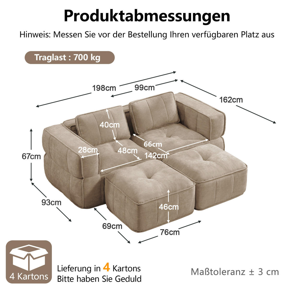 SOFA 198/162/67 cm in Sand mit modularem Design und breiter Sitzfläche - Sandfarben, Kunststoff (162/67/198cm) - Flora Grace