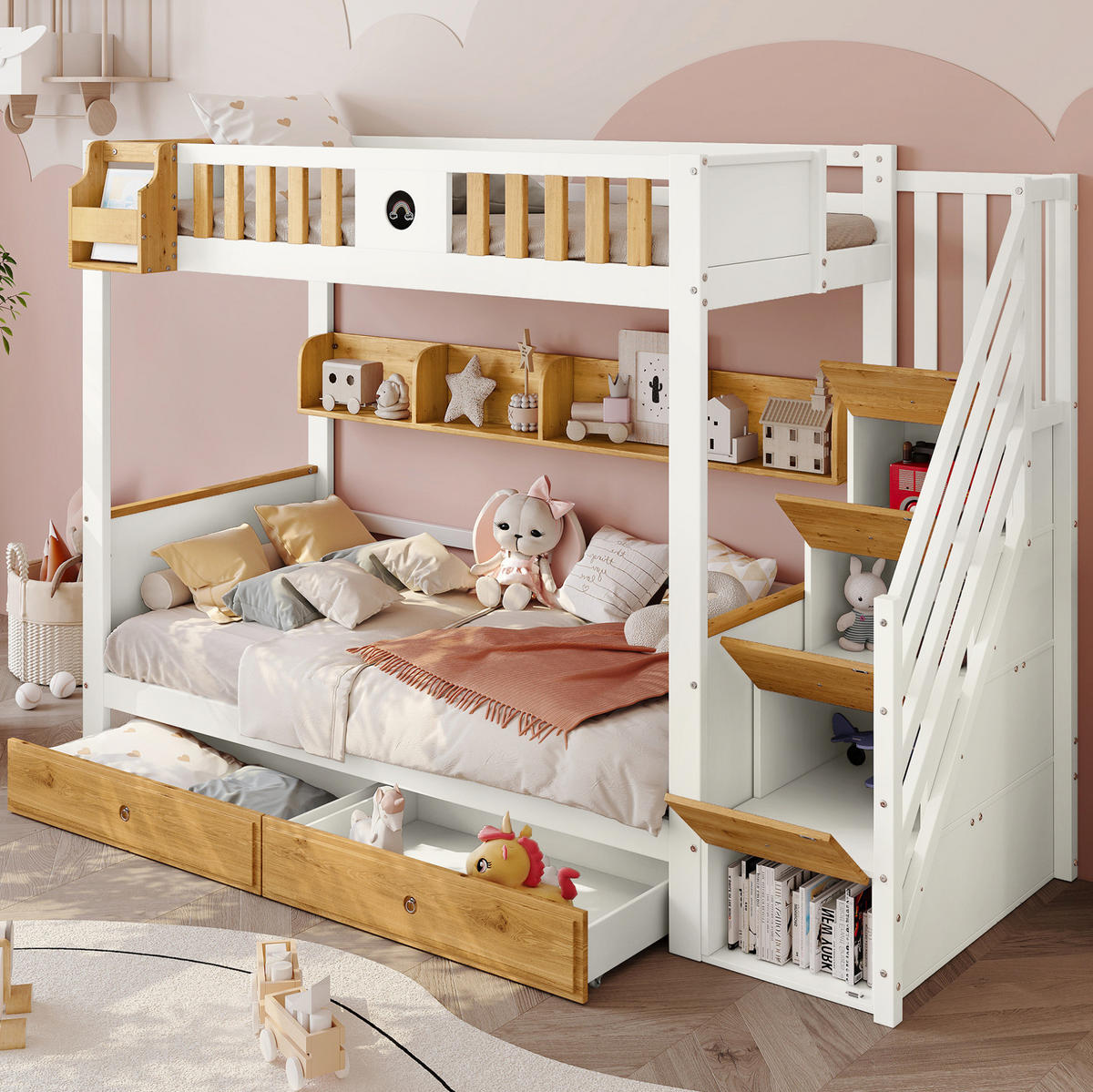 ETAGENBETT 90/200 cm mit Stauraumtreppe, Fallschutz, 2 Schubladen und Regal aus Kiefernholz & MDF, Weiß/Natur - Weiß, Holzwerkstoff (90/200cm) - Redom