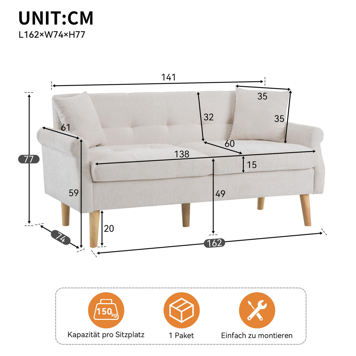 SOFA Modernes 2-Sitzer mit Stoffbezug, Hellgrau – Kompakt, bequem, stilvoll, 160 x 85 x 80 cm - Beige, Holzwerkstoff/Textil (162/77/74cm) - Urban Meuble
