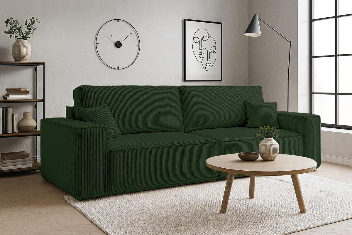 SCHLAFSOFA HUGO, Sofa mit Schlaffunktion und Bettkasten, Farbe: Grün, Cordstoff - Grün, Textil (244/83/98cm) - VENASI MÖBEL