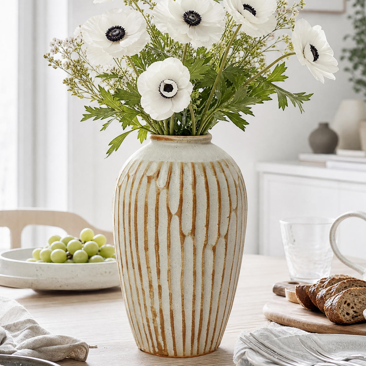 KERAMIKVASE Beige-Braun 30 cm, Vintage Blumenvase mit Streifen - Beige/Braun, Keramik (30cm) - Hometopia