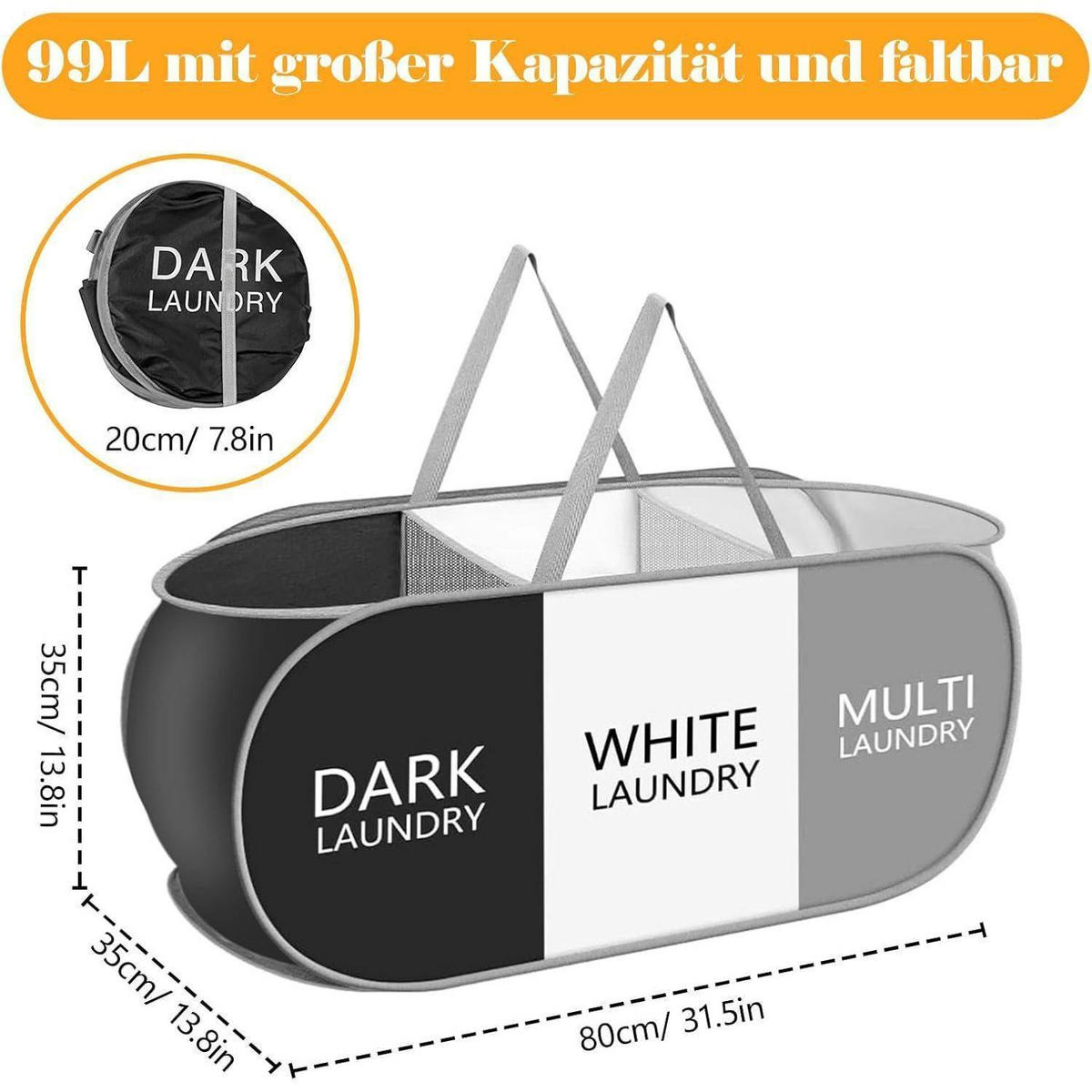 WÄSCHEKORB faltbar 3 Fächer 99L mit Griffen - Multicolor, Textil (35/35/80cm)
