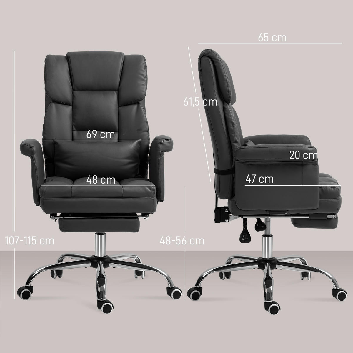 BÜROSTUHL, Ergonomisch Schreibtischstuhl mit Liegefunktion, Lendenkissen Schwarz - Chromfarben/Schwarz, Kunststoff/Metall (65/115/69cm) - HOMCOM