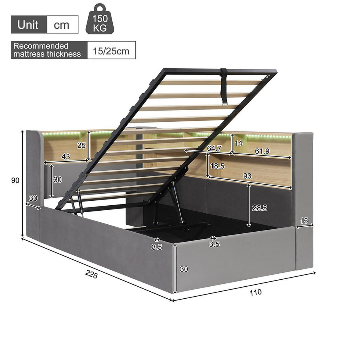 POLSTERBETT 90×200cm mit LED in Grau - Grau, Textil (90/200cm) - KOMHTOM