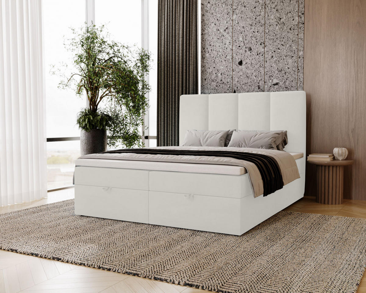 BOXBETT Malmo mit 2 Bettkästen, 180x200, Weiß, Velourstoff, Doppelbett mit Bonell-Matratze - Weiß, Holz/Kunststoff (180/200cm)