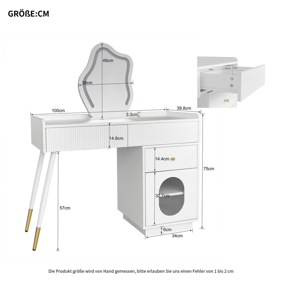 SCHMINKTISCH 100/40/75 cm mit 3-stufiger LED-Beleuchtung, flexiblem Seitenschrank und Stauraum, Weiß - Weiß, Holzwerkstoff (100/75/40cm) - Redom
