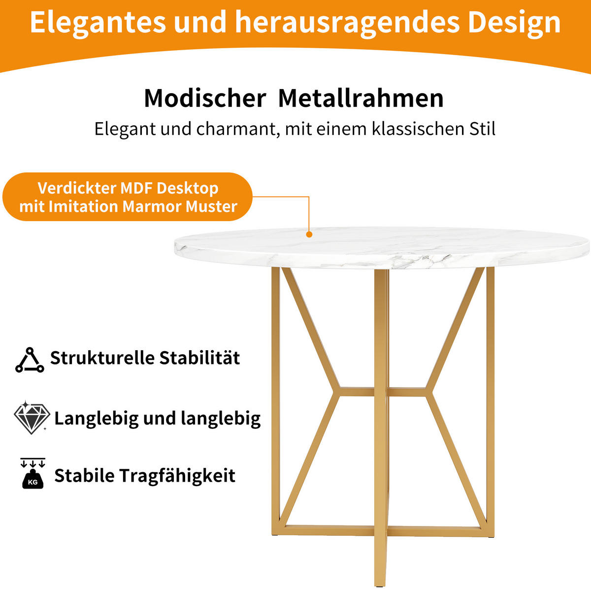 ESSTISCH rund 80 x 80 x 76 cm MDF Marmordekor Metall Golden - Goldfarben, Metall (80/80/76cm) - Meubliv