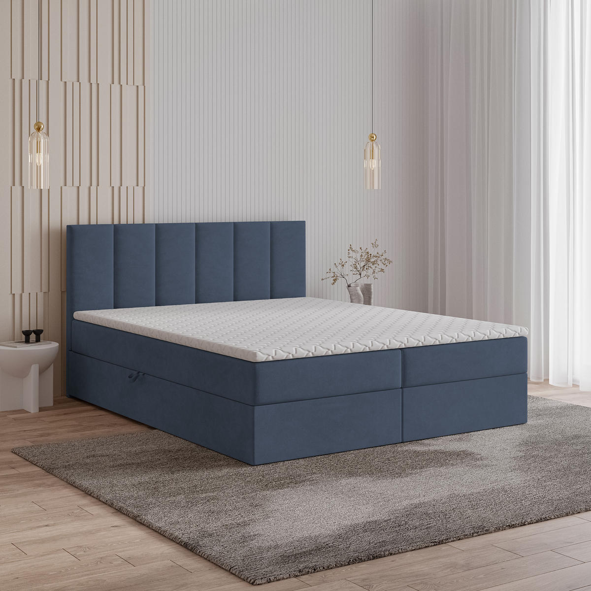 BOXBETT MERIL 160x200 cm mit Matratze und Topper - Blau - Blau, Holz (160/200cm) - MASSENO