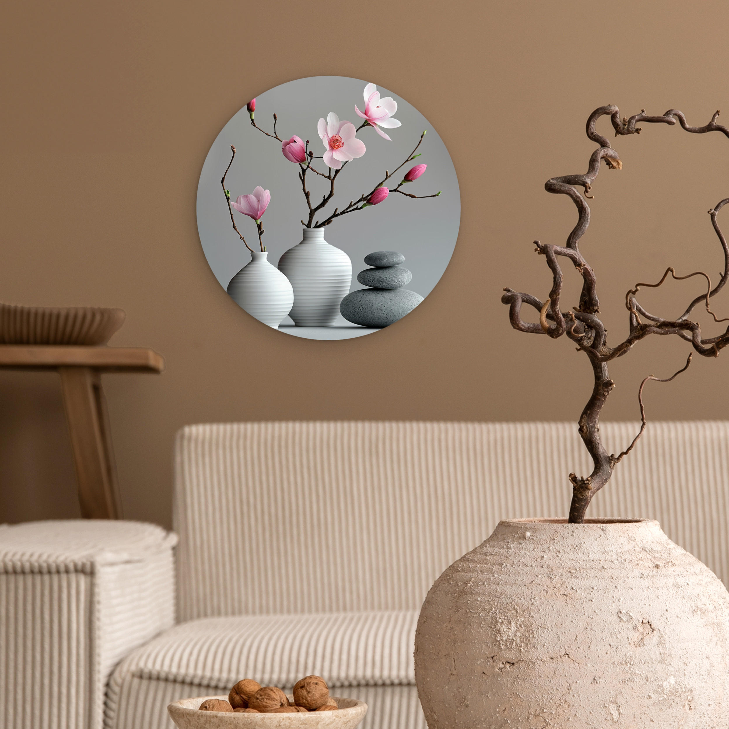 WANDBILD Magnolie - Blumen - Rosa - Zen-Steine 30x30 cm - Hellgrau, Kunststoff (30/30cm) - MuchoWow