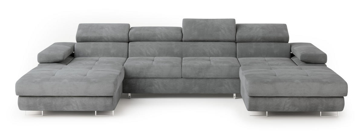 WOHNLANDSCHAFT LYKKE Grau Velours-Stoff mit Schlaffunktion - Grau, Holz (353/90/202cm) - MASSENO