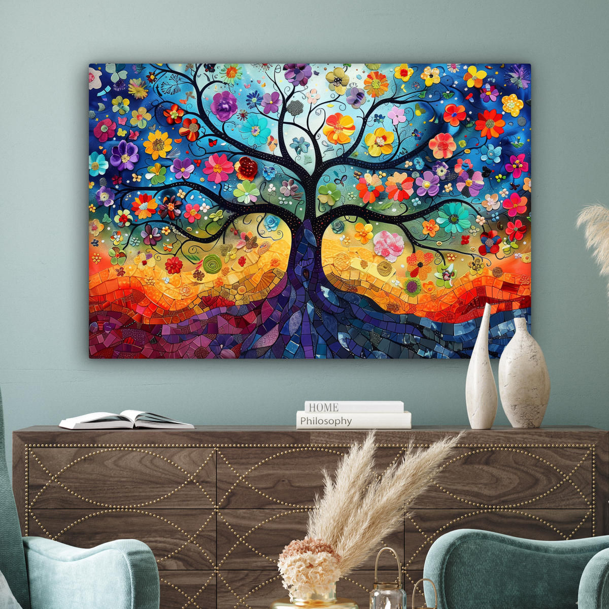 LEINWANDBILD Kunst - Baum des Lebens - Blumen - Hippie Wohnzimmer 120x80 cm - Dunkelblau, Textil (120/80cm) - MuchoWow