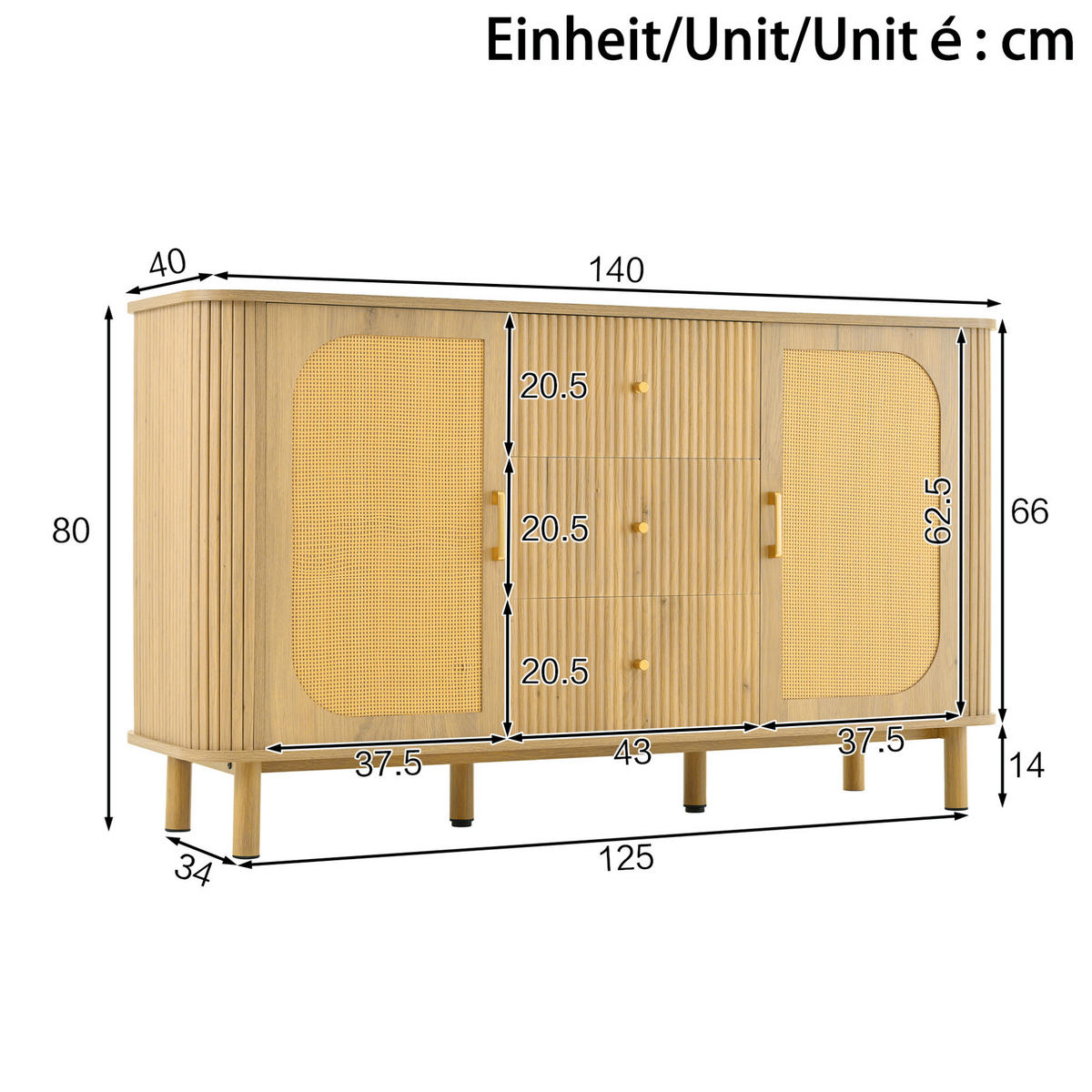 SIDEBOARD aus MDF 140x40x80 cm Natur mit Rattantüren, Schubladen und Kabeldurchführung - Naturfarben, Holzwerkstoff (140/80/40cm) - IVMEU