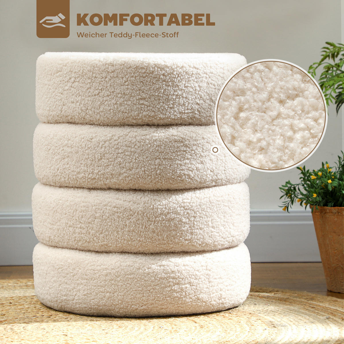 SITZHOCKER, Fußhocker, Runder Polsterhocker, Fußstütze mit Sitzkissen - Beige/Naturfarben, Holz/Textil (40/45/40cm) - HOMCOM