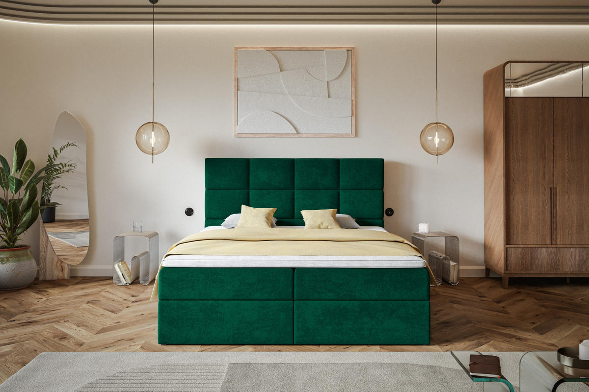BOXBETT ROMA mit 2 Bettkästen, 160x200, Farbe: Dunkelgrün, Velourstoff, Doppelbett mit Bonell-Matratze - Dunkelgrün, Holz/Kunststoff (160/200cm) - Alpi-Möbel