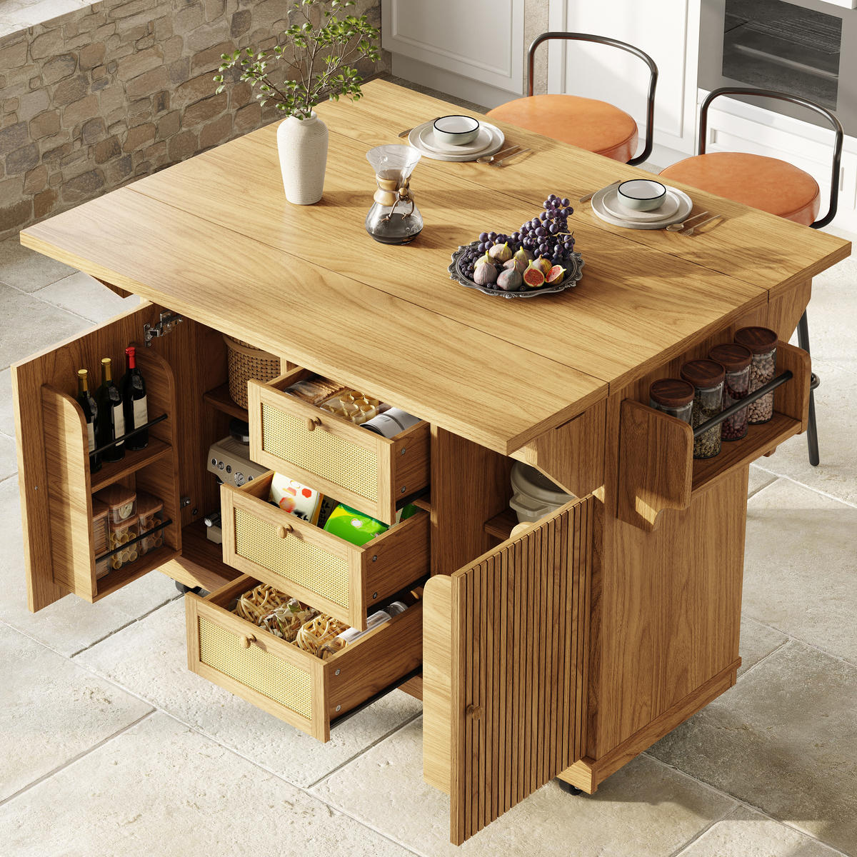 KÜCHENINSEL Ausklappbar PE Rattan Naturbraun - Naturfarben, Holzwerkstoff (142.5/95/80cm) - FLIEKS