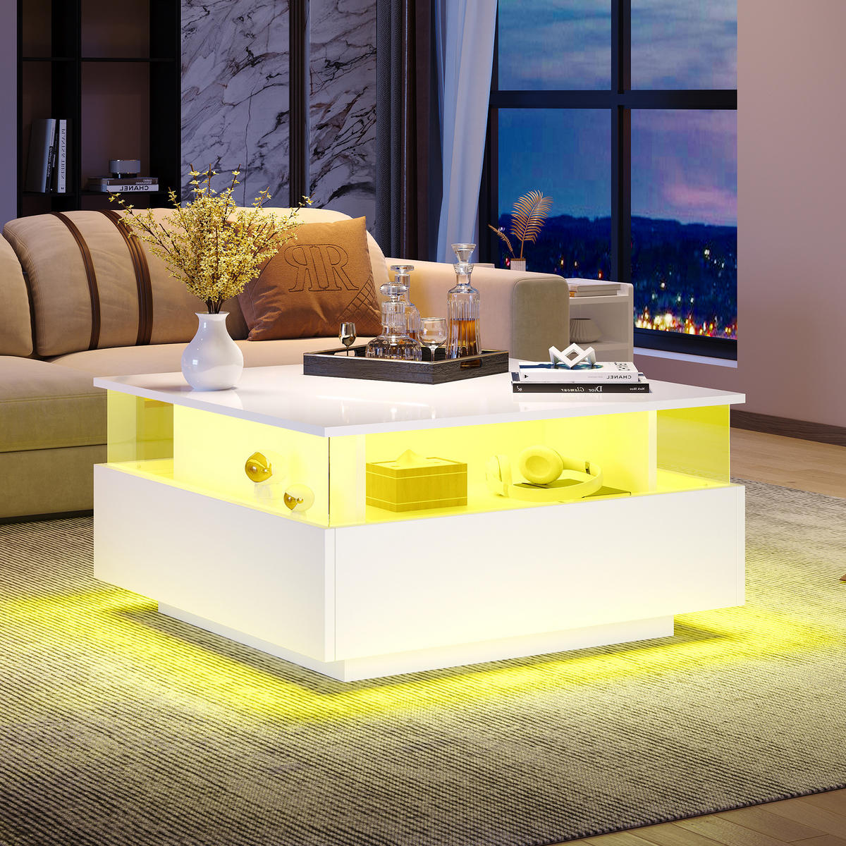 COUCHTISCH mit LED 70x70 cm Weiß mit 2 Schubladen - Weiß, Holzwerkstoff (70/70/41cm) - Meubliv